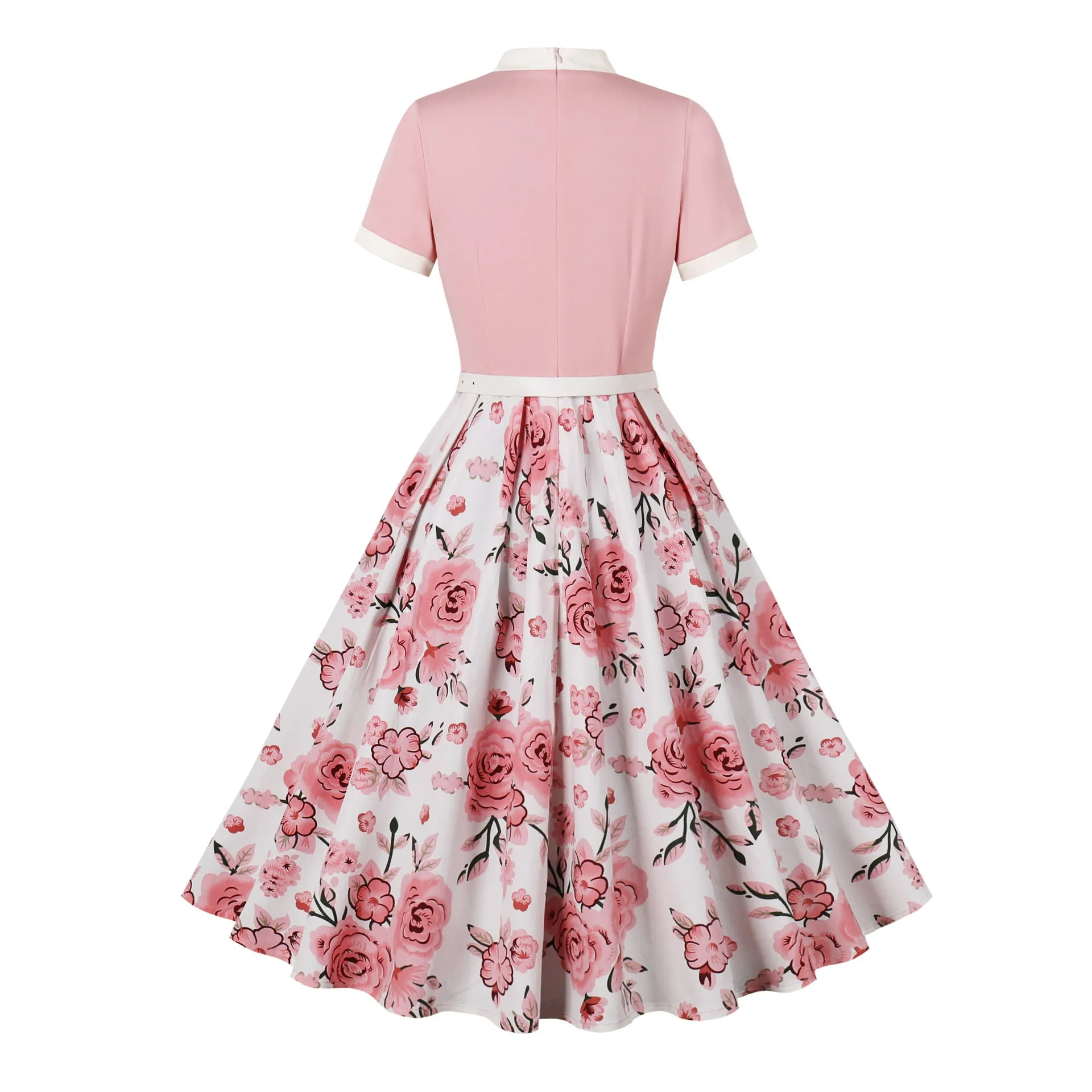 1950S Vintage Print Floral Polka Dot Dress Retro Bow Neckline Short Sleeve  A-Line Dress