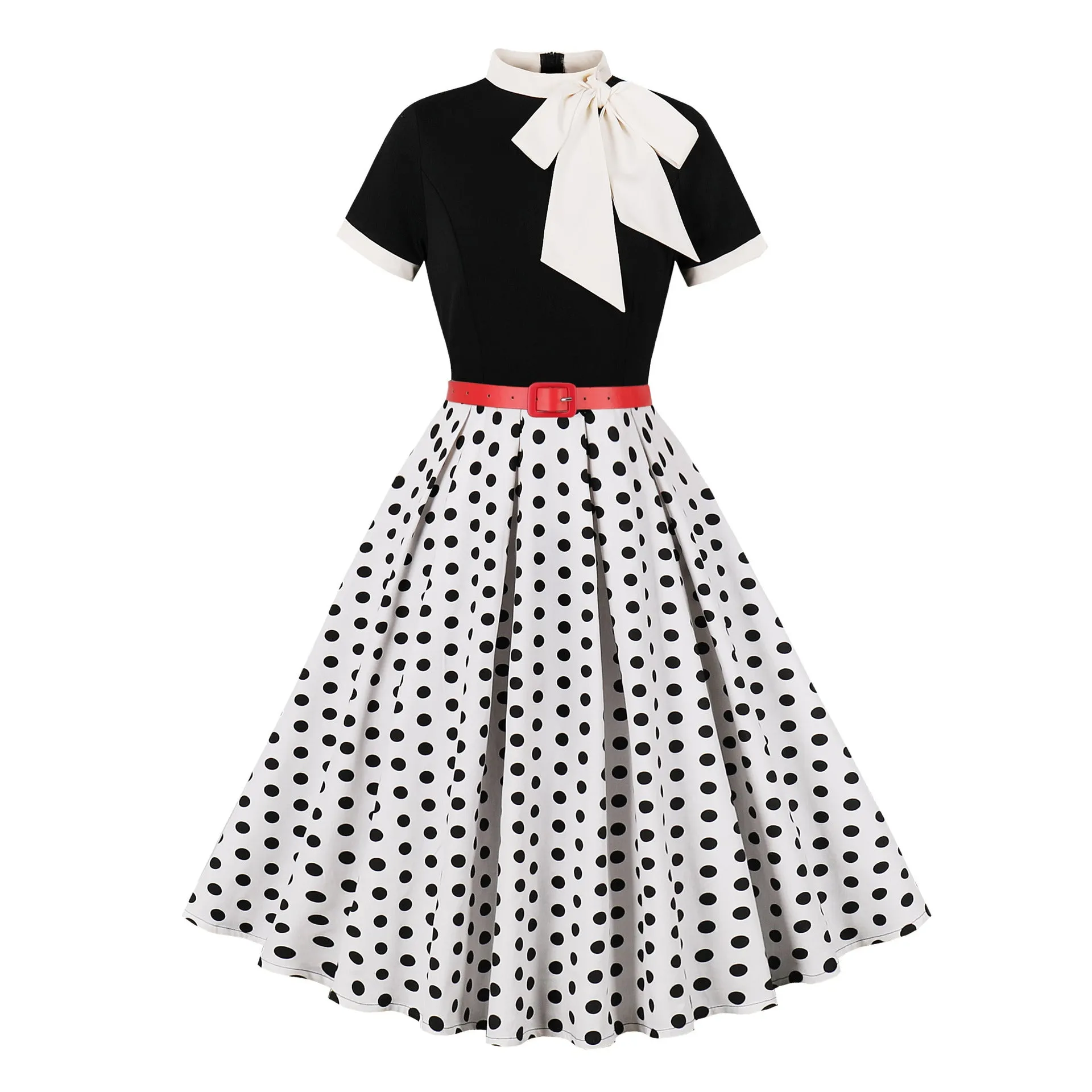 1950S Vintage Print Floral Polka Dot Dress Retro Bow Neckline Short Sleeve  A-Line Dress