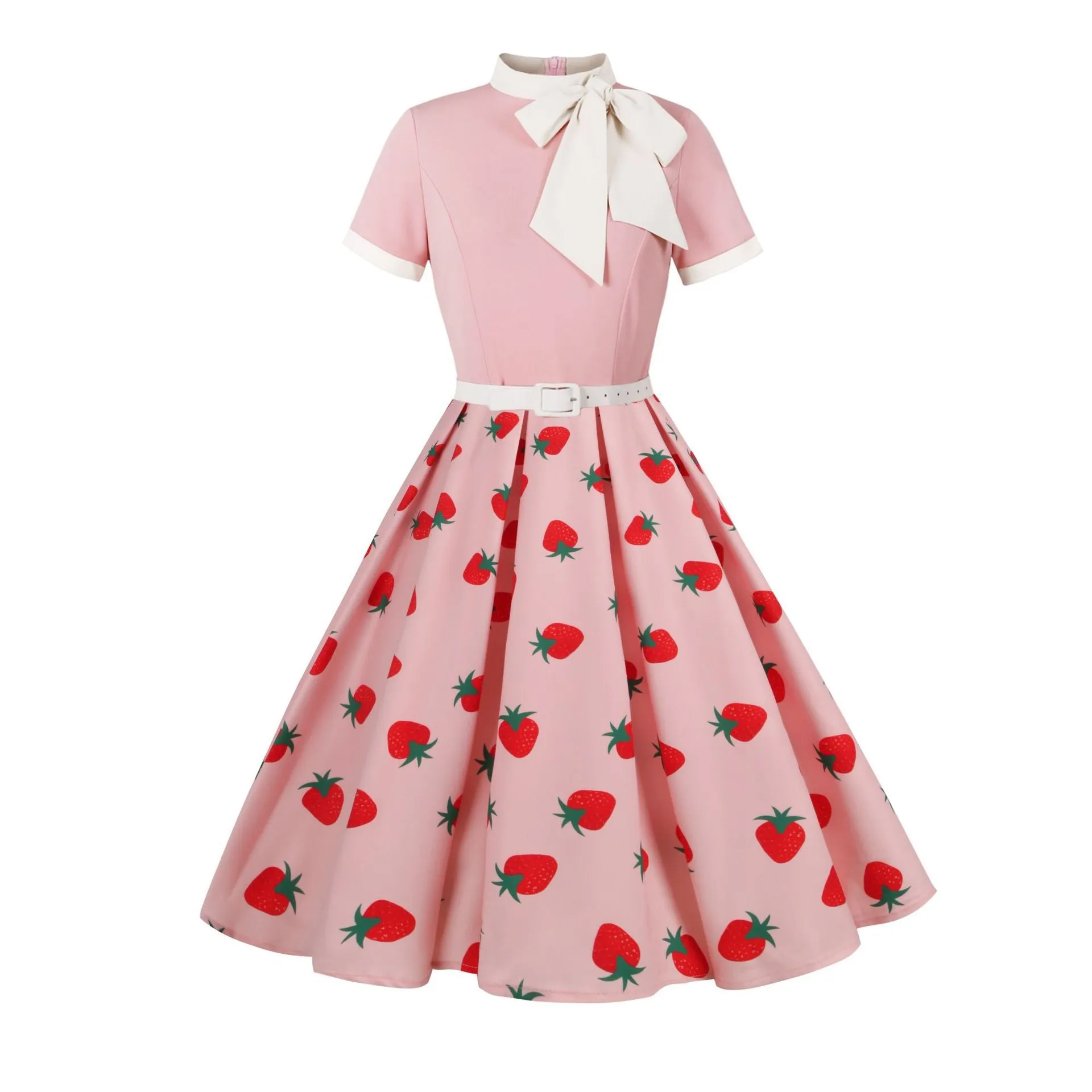 1950S Vintage Print Floral Polka Dot Dress Retro Bow Neckline Short Sleeve  A-Line Dress