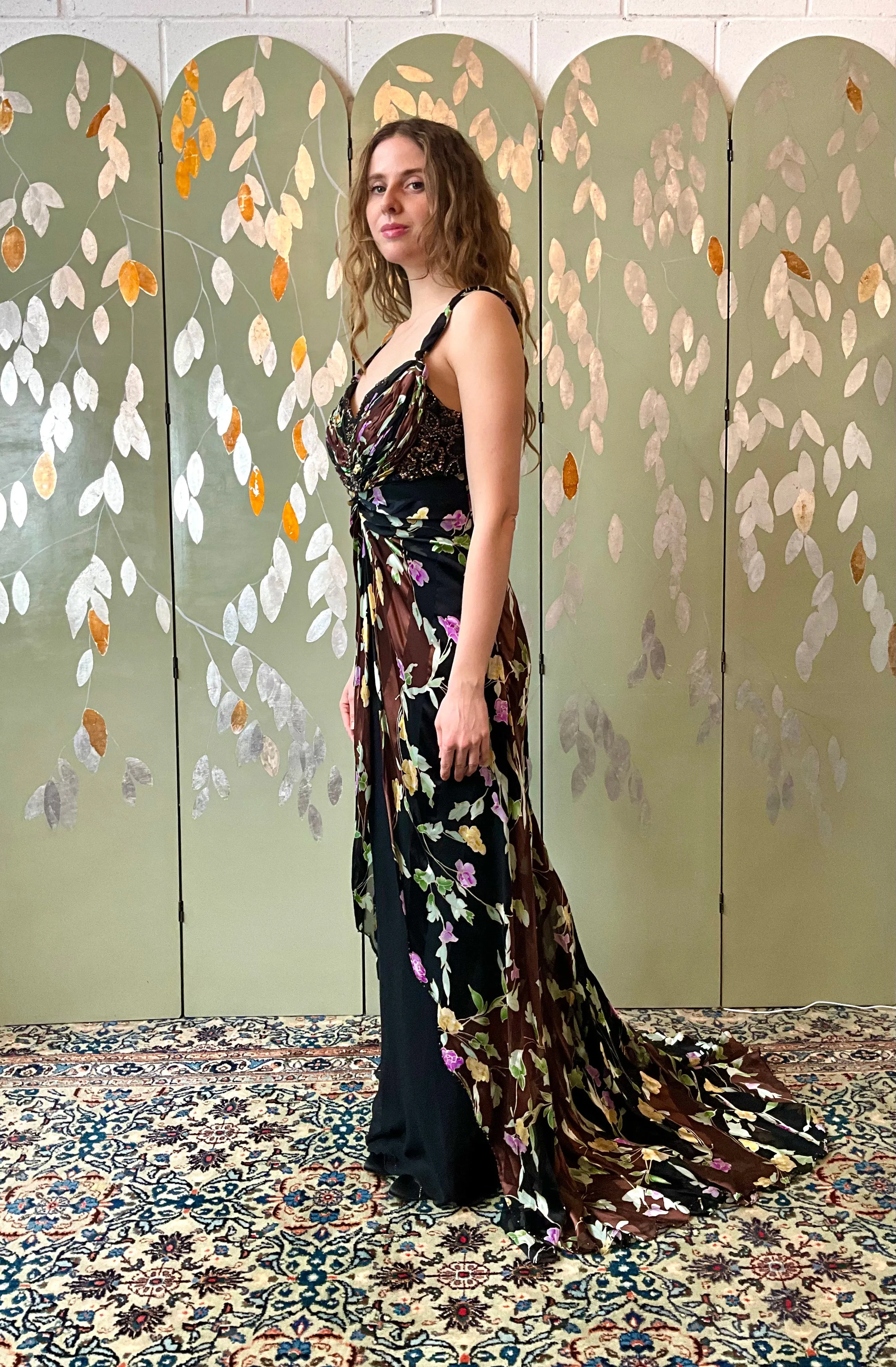 2000s Black/Brown Floral Silk Beaded Gown, Small