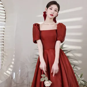 2022 Maroon White Marriage Bridal Dress Puff Sleeve Slim Long Flare Evening Dress