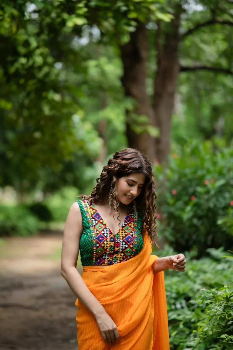 Amodini Designer Studio Women's Green Chinon Lehriya Sleeveless Blouse
