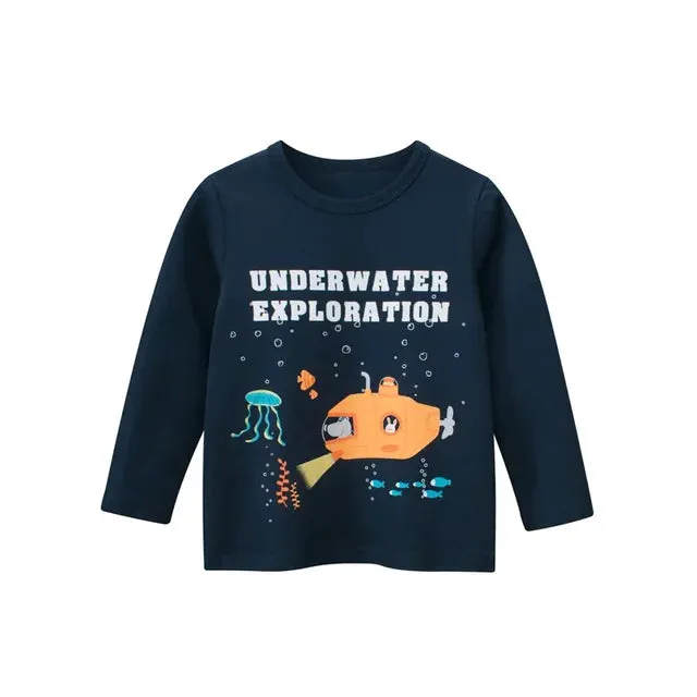 Astronaut Print T-shirts for Boy Cotton Baby Girls Long Sleeve Rocket Tops Child Fall Space Sweatshirt Kids