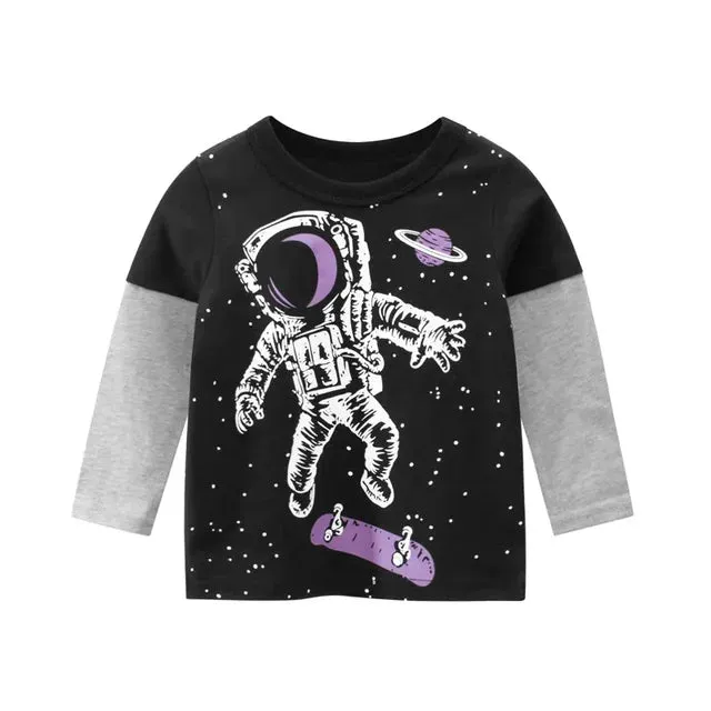 Astronaut Print T-shirts for Boy Cotton Baby Girls Long Sleeve Rocket Tops Child Fall Space Sweatshirt Kids