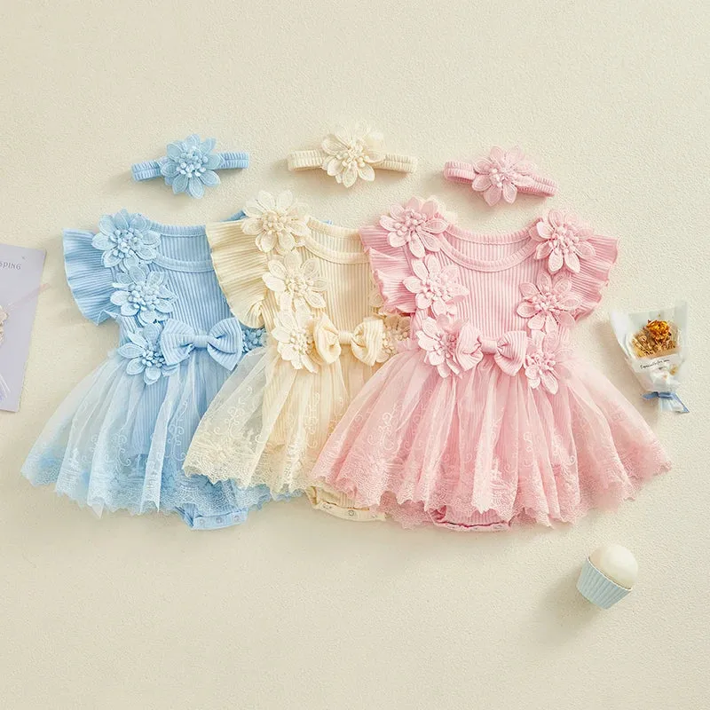 Baby Girls Short Sleeve Lace Flower Romper Dresses