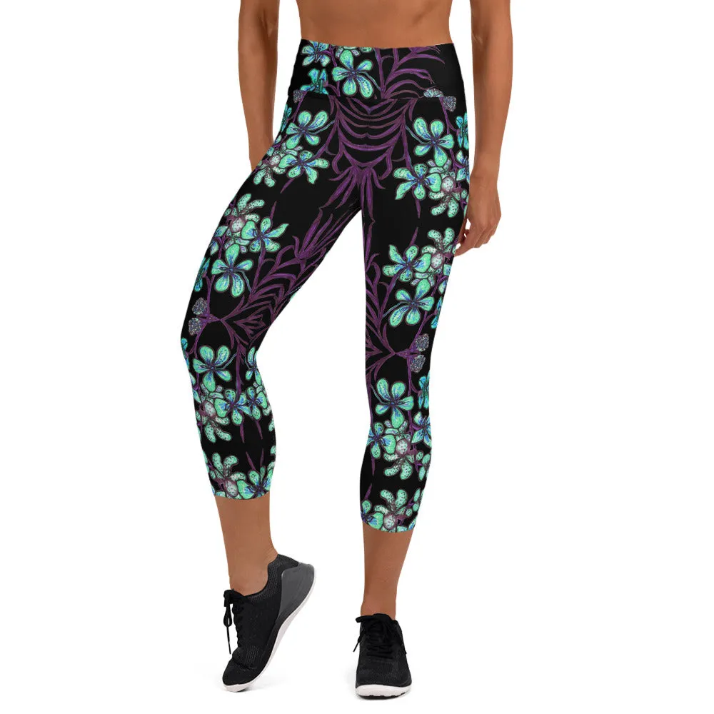 Blue Orchids Yoga Capri Leggings, Floral Print Capris Active Tights Leggings-Made in USA/EU