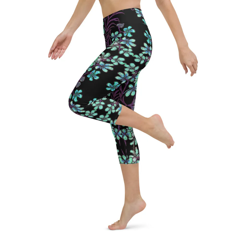 Blue Orchids Yoga Capri Leggings, Floral Print Capris Active Tights Leggings-Made in USA/EU