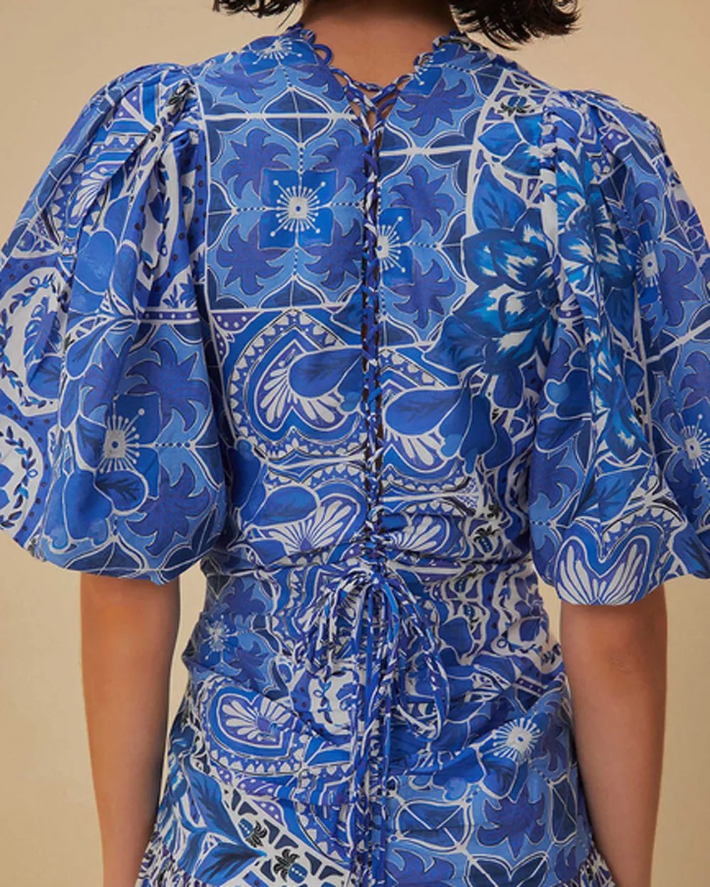 Blue Tile Print Short Sleeve Mini Dress