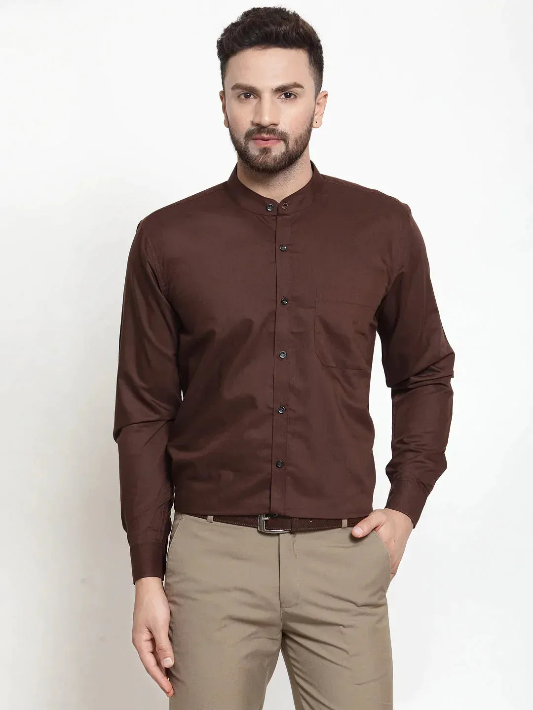 Brown Men's Cotton Solid Mandarin Collar Formal Shirts