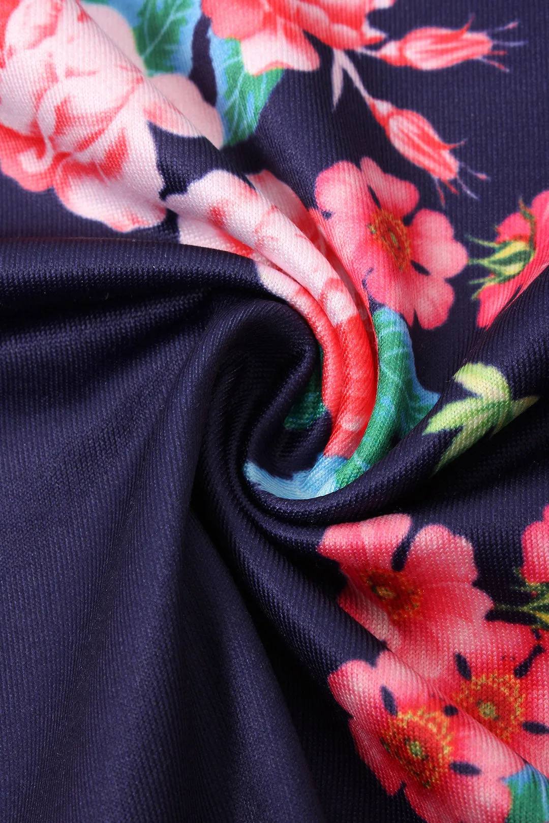 Custom Random Floral Print V-Neck Long Sleeves Curved Hem Blouses
