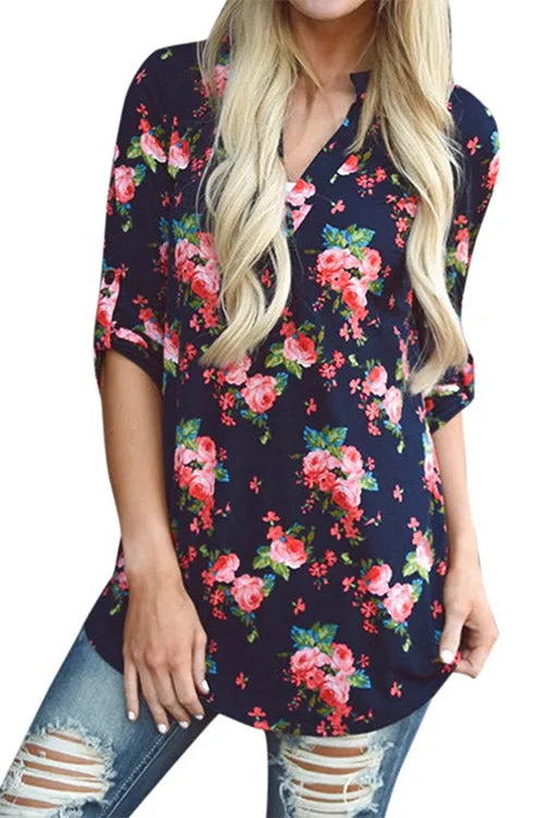 Custom Random Floral Print V-Neck Long Sleeves Curved Hem Blouses