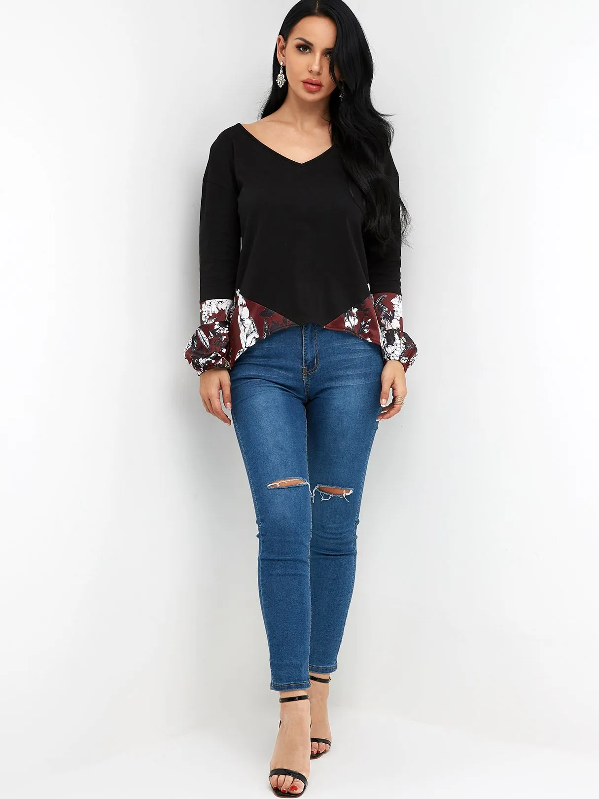 Custom V-Neck Floral Print Long Sleeve T-Shirts