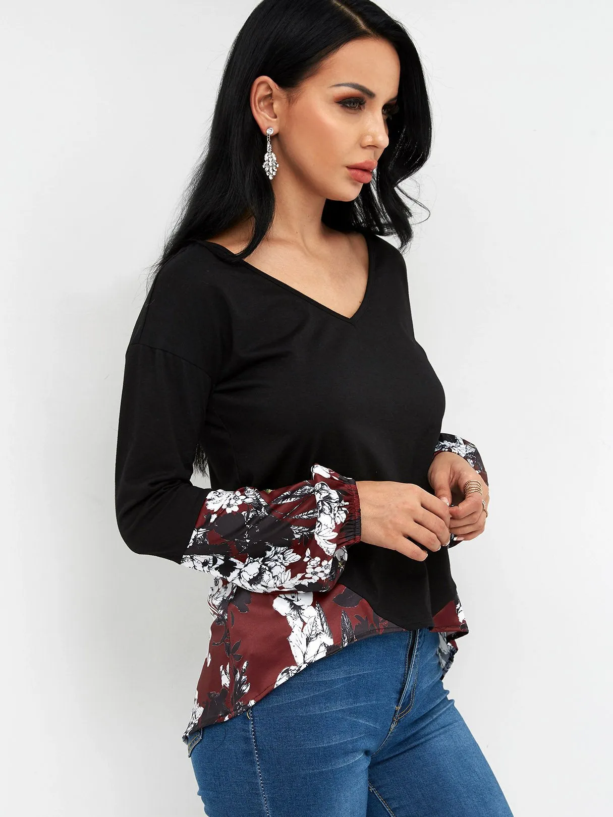 Custom V-Neck Floral Print Long Sleeve T-Shirts