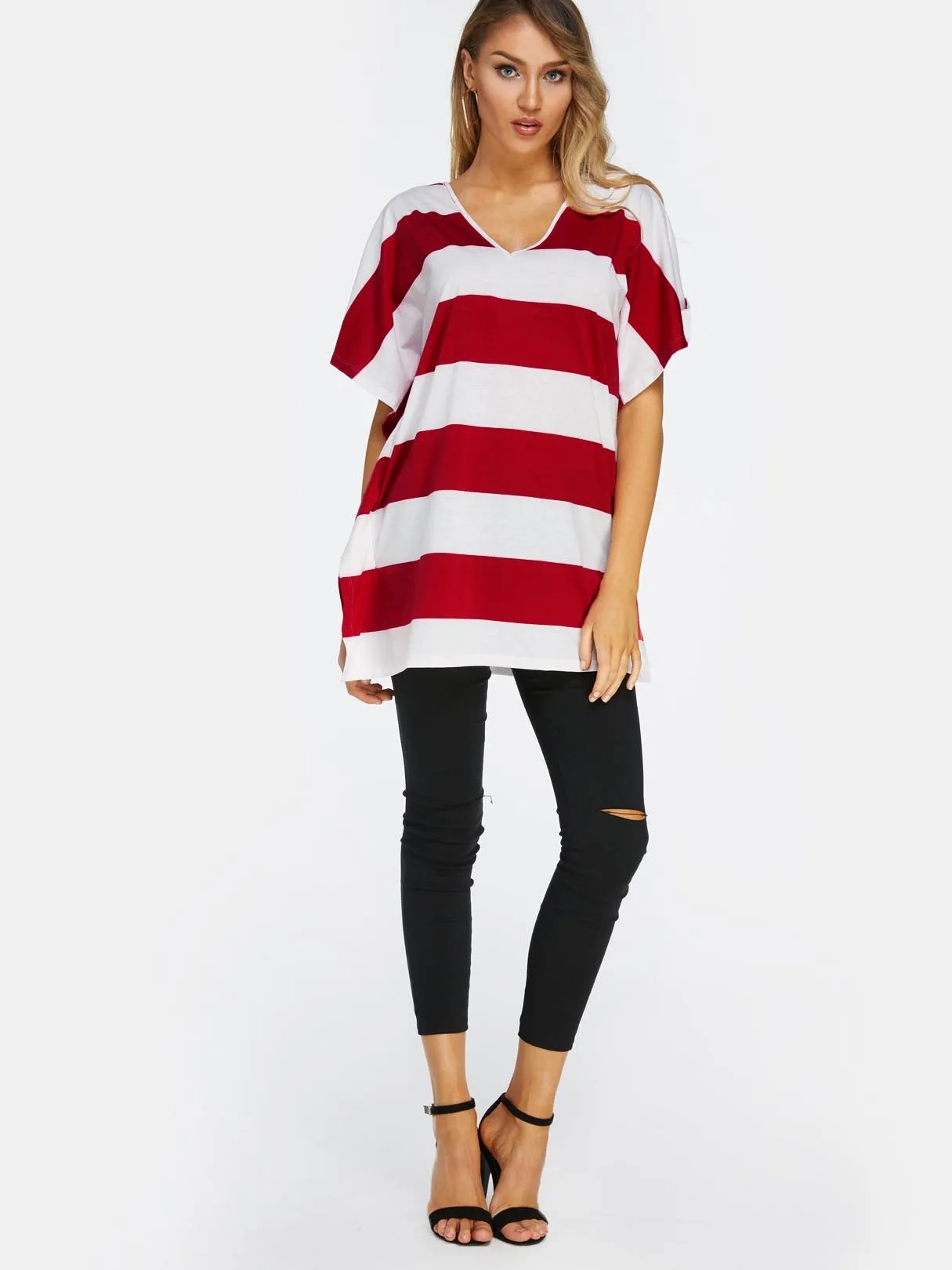 Custom V-Neck Stripe Backless Lace-Up Short Sleeve Red T-Shirts