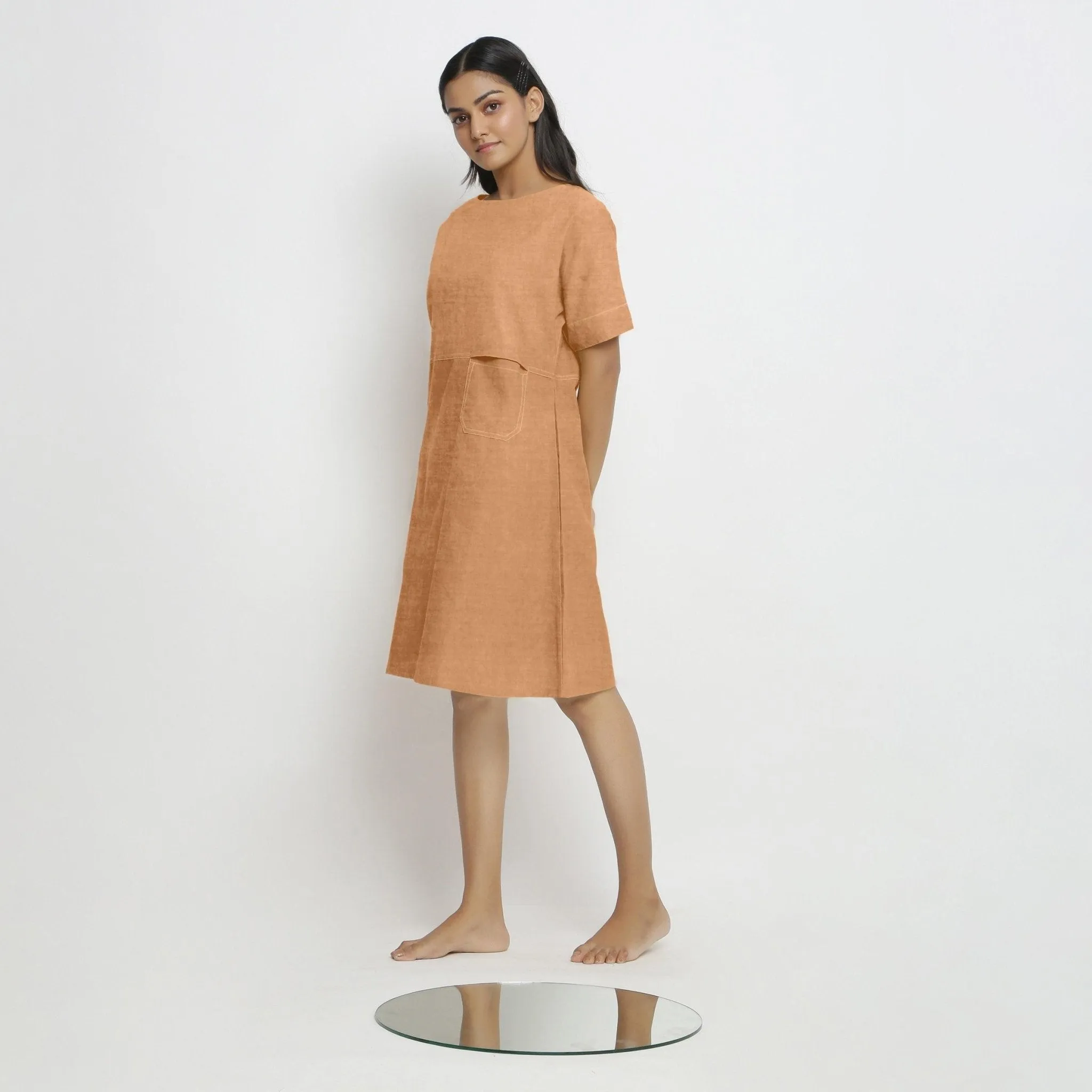 Desert Yellow Linen Knee Length Yoked Dress