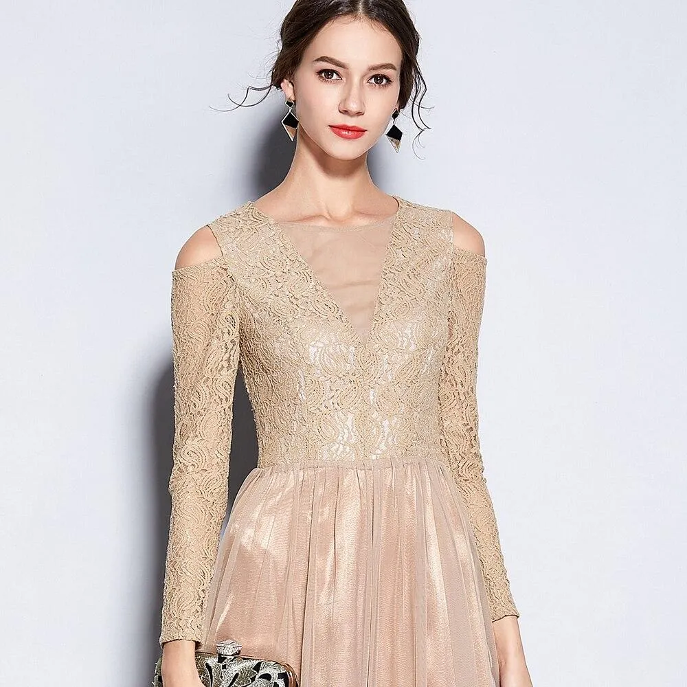 FashionSierra - Women's Party Prom O Neck Embroidery Lace Long Sleeves Maxi Designer Runway Formal Fashion Dresses