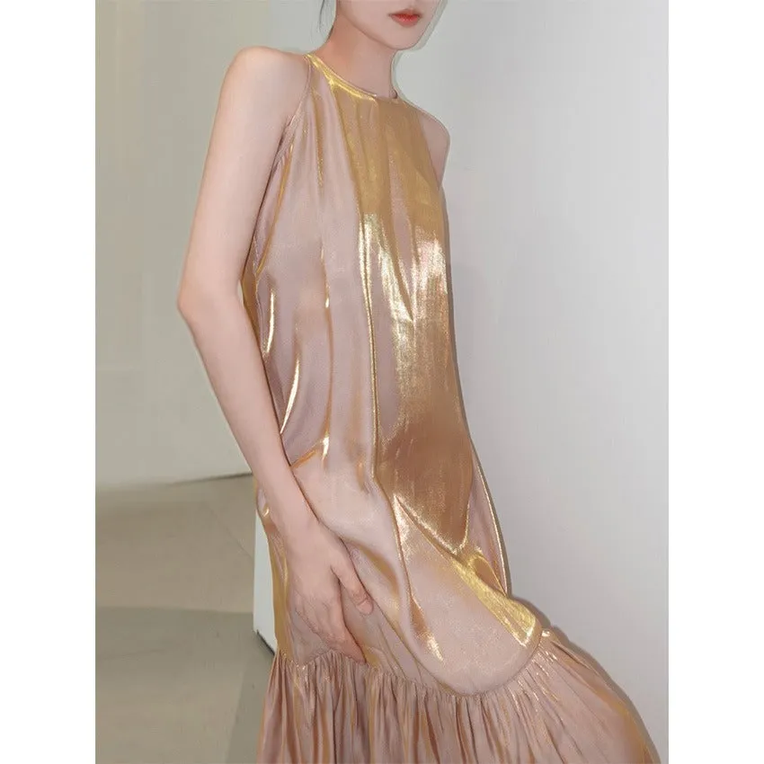 Flowing Shiny Dusty Pink Halter Neck Fairy Ruffle Evening Dress