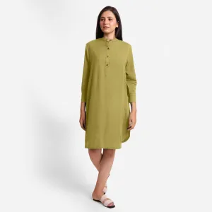 Green Cotton Flax Knee Length Shirt Dress