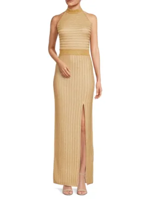 Hervé Léger Column Dress with Split Front and Stand Collar in Metallic Gold