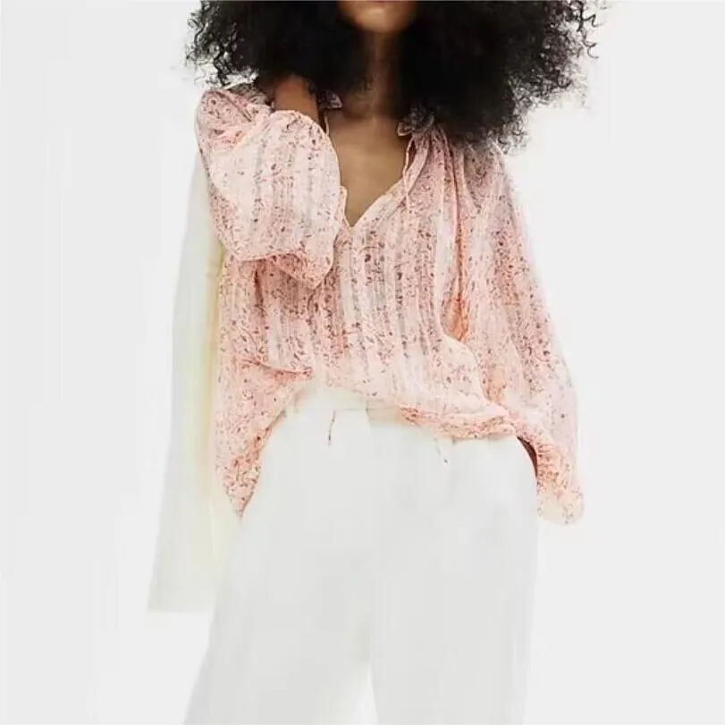 Lace Trimmed V-Neck Lantern Sleeve Blouse