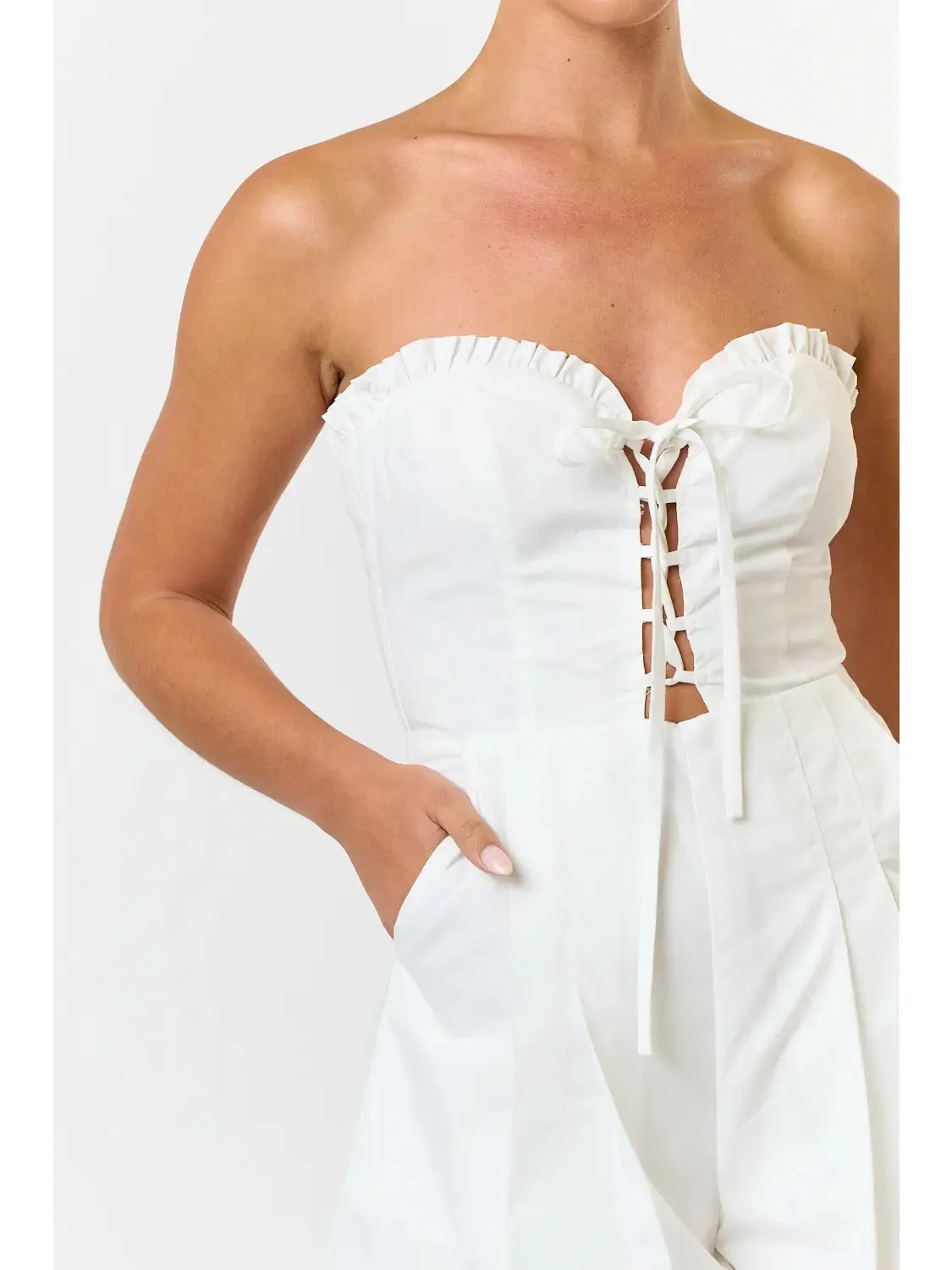 Lace Up Front Pleated Tube Romper White