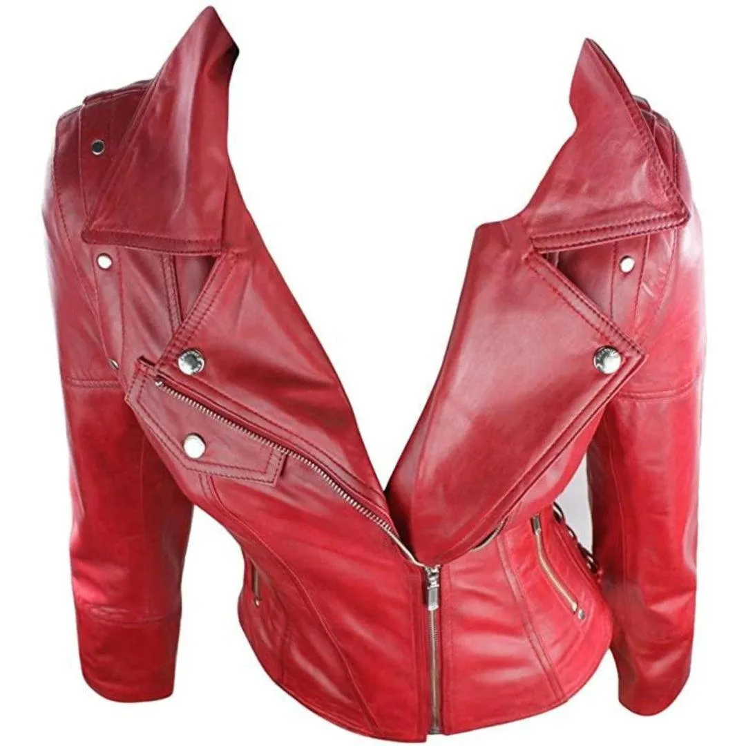 Leather 100% Jacket Biker Style Vintage Red Soft Leather