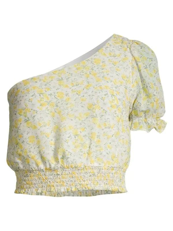 Lush One Shoulder Floral Ruffle Crop Top, Yellow