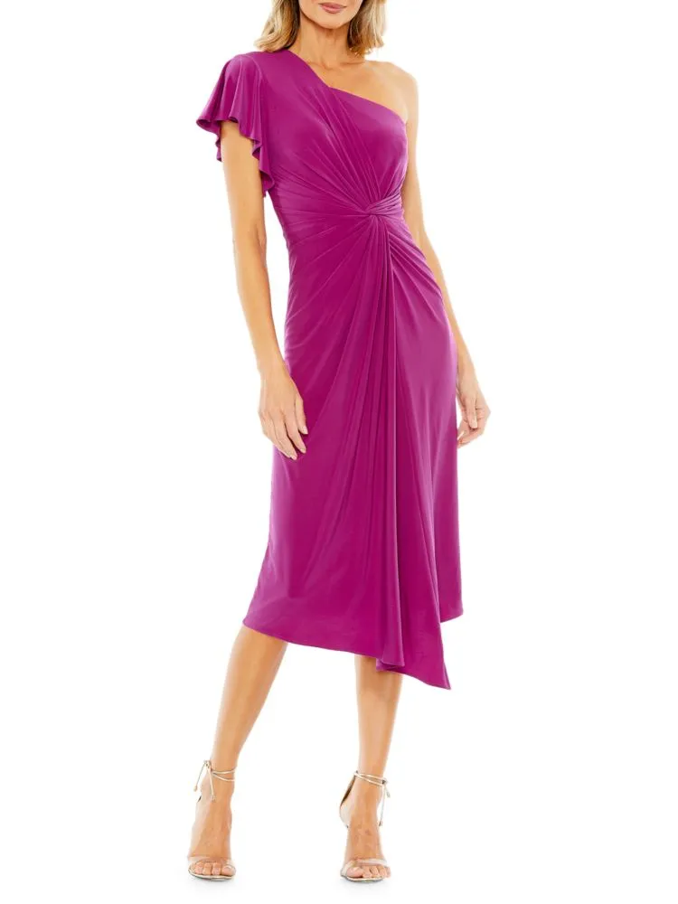 Mac Duggal Draped One Shoulder Midi Dress in Magenta