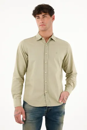 Men's Green Oxford Fabric Long Sleeve Shirt