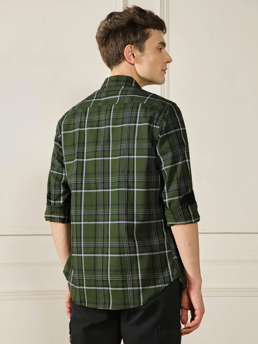 Men's Olive 100% Cotton Tartan checks Casual Shirt
