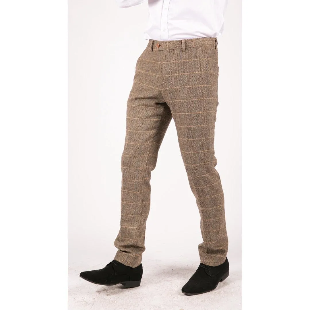 Mens Vintage Tweed Check Trouser Herringbone Tan Brown Slim Fit Regular