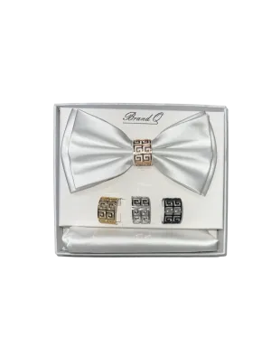 Men's White Satin Bowtie Set hanky and ring