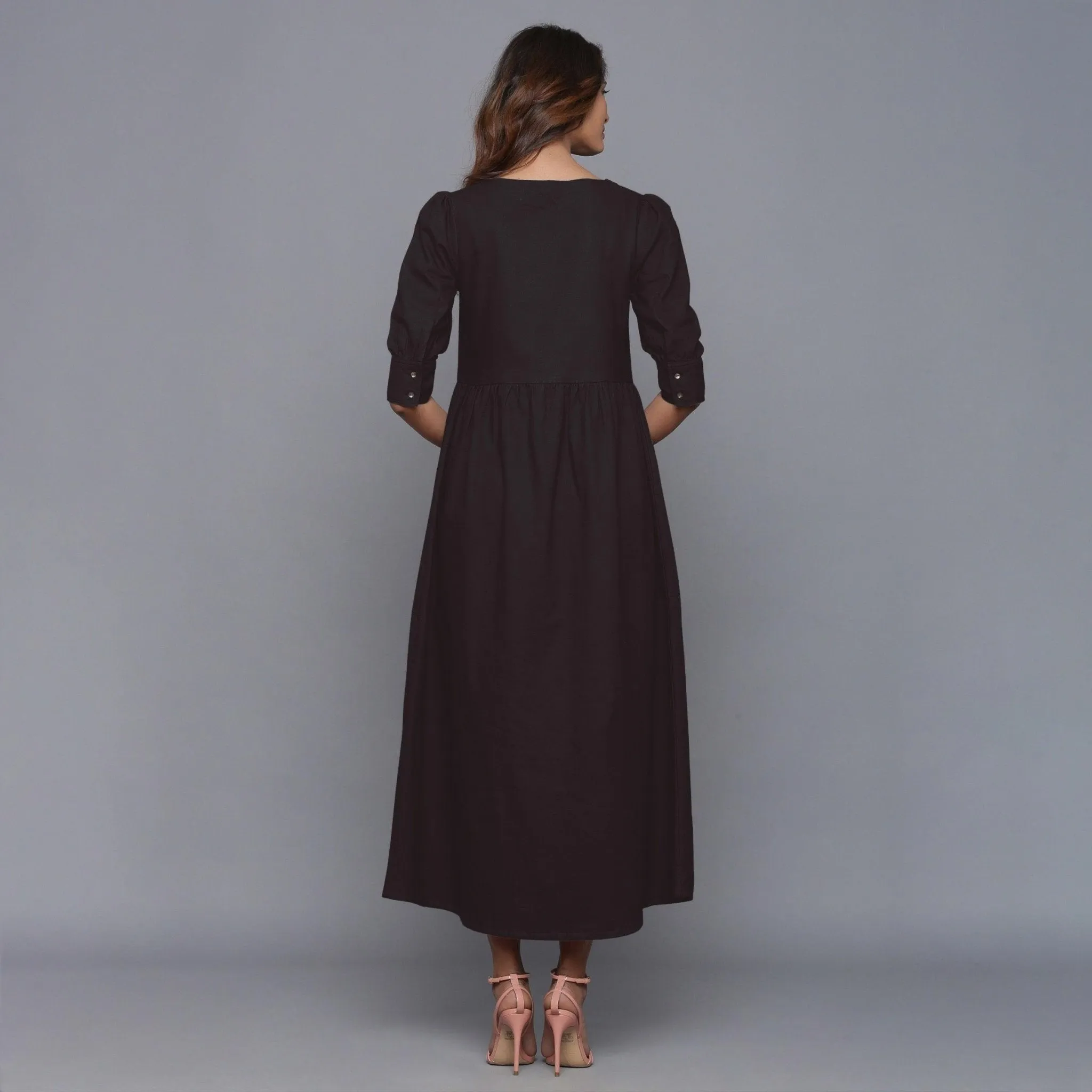Moonlight Black Warm Cotton Flannel Gathered Maxi Dress
