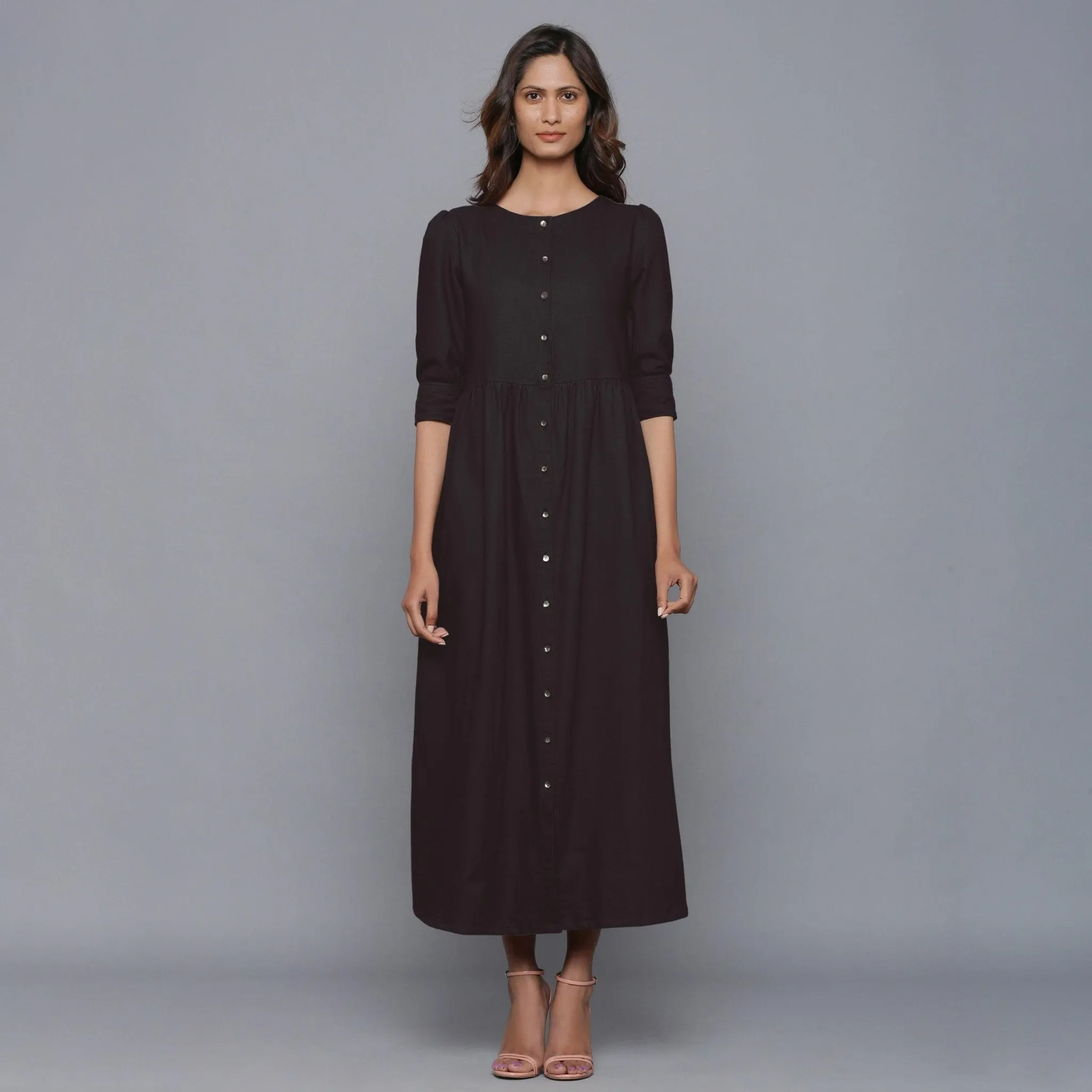 Moonlight Black Warm Cotton Flannel Gathered Maxi Dress