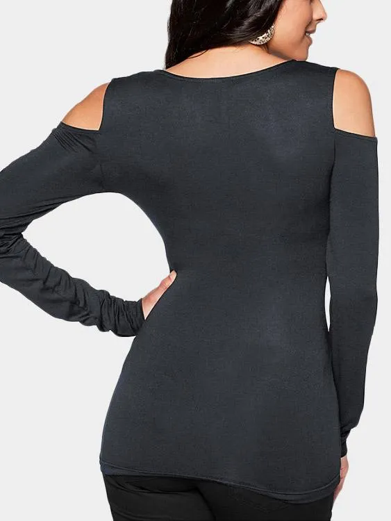 OEM ODM V-Neck Cold Shoulder Plain Long Sleeve Bodycon Hem Grey T-Shirts