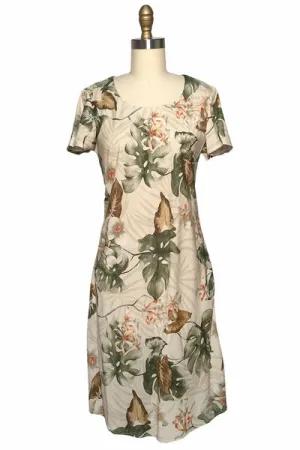 Orchid Monstera Beige A-Line Dress with Cap Sleeves