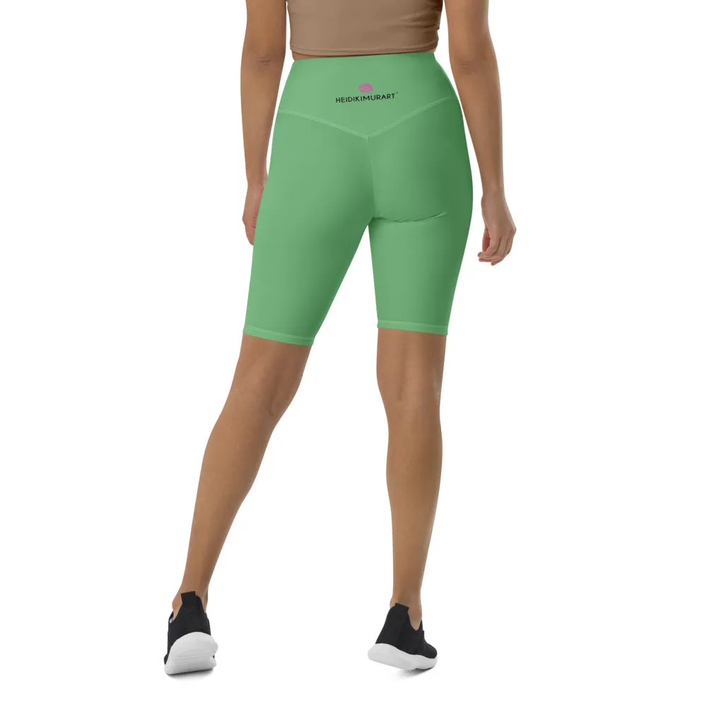 Pastel Green Women's Biker Shorts, Solid Color Green Cycling Workout Shorts-Made in EU/MX