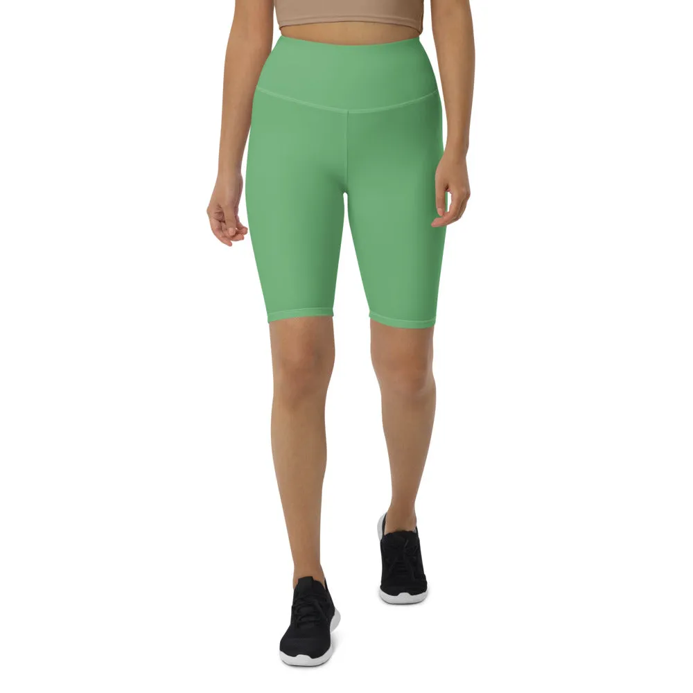Pastel Green Women's Biker Shorts, Solid Color Green Cycling Workout Shorts-Made in EU/MX