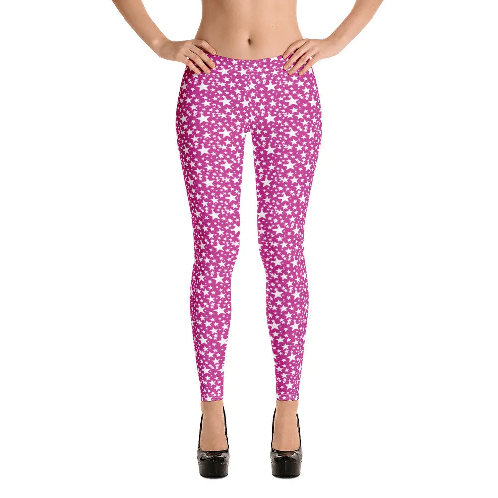 Pink Star Leggings, Hot Pink White Star Pattern Women's Dressy Casual Tights- Made in USA/EU