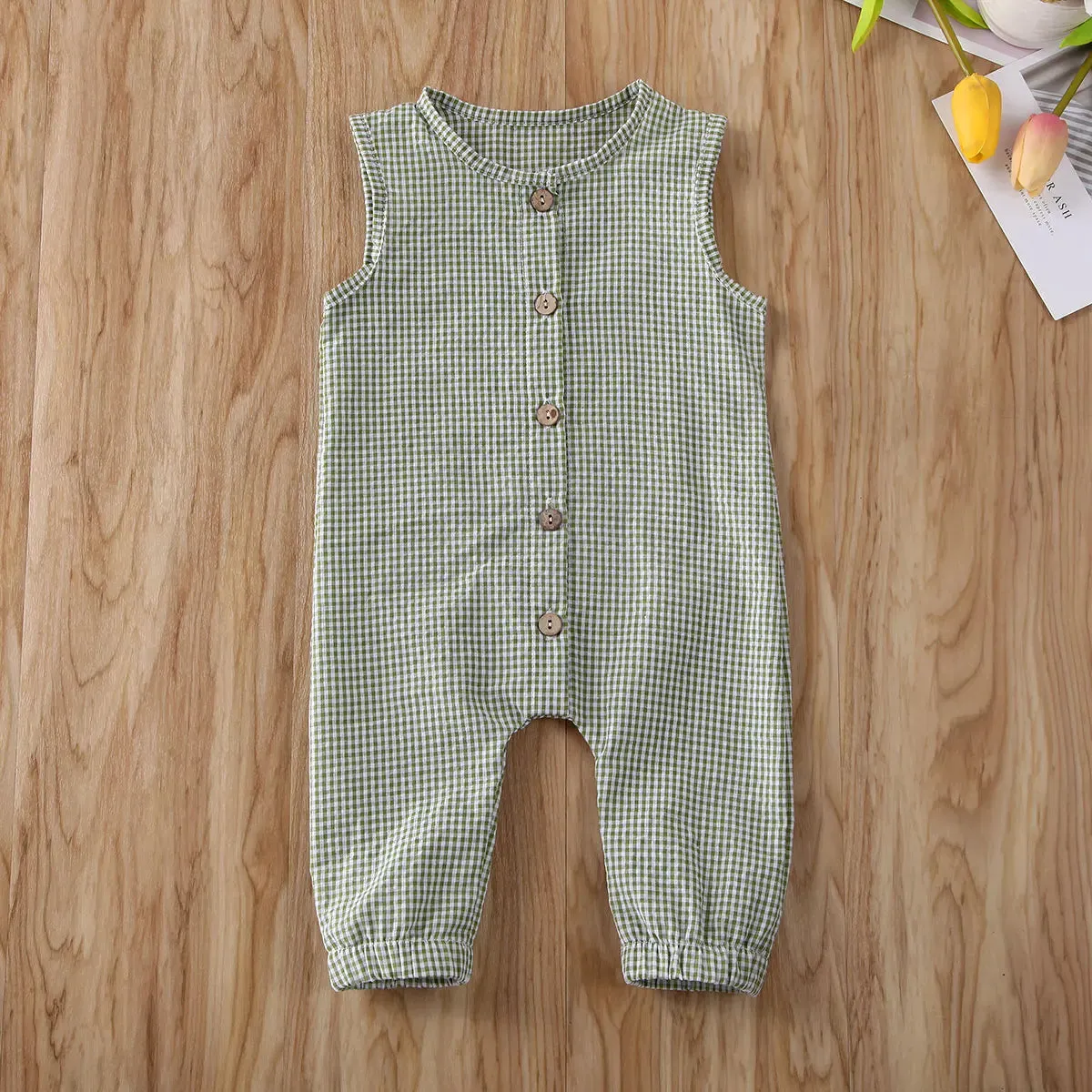 Plaid Sleeveless Button Cotton Muslin Jumpsuits