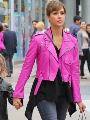 Premium Hot Pink Biker Leather Jacket Worn By Jessica Alba | Jessica Alba Premium Hot Pink Biker Leather Jacket
