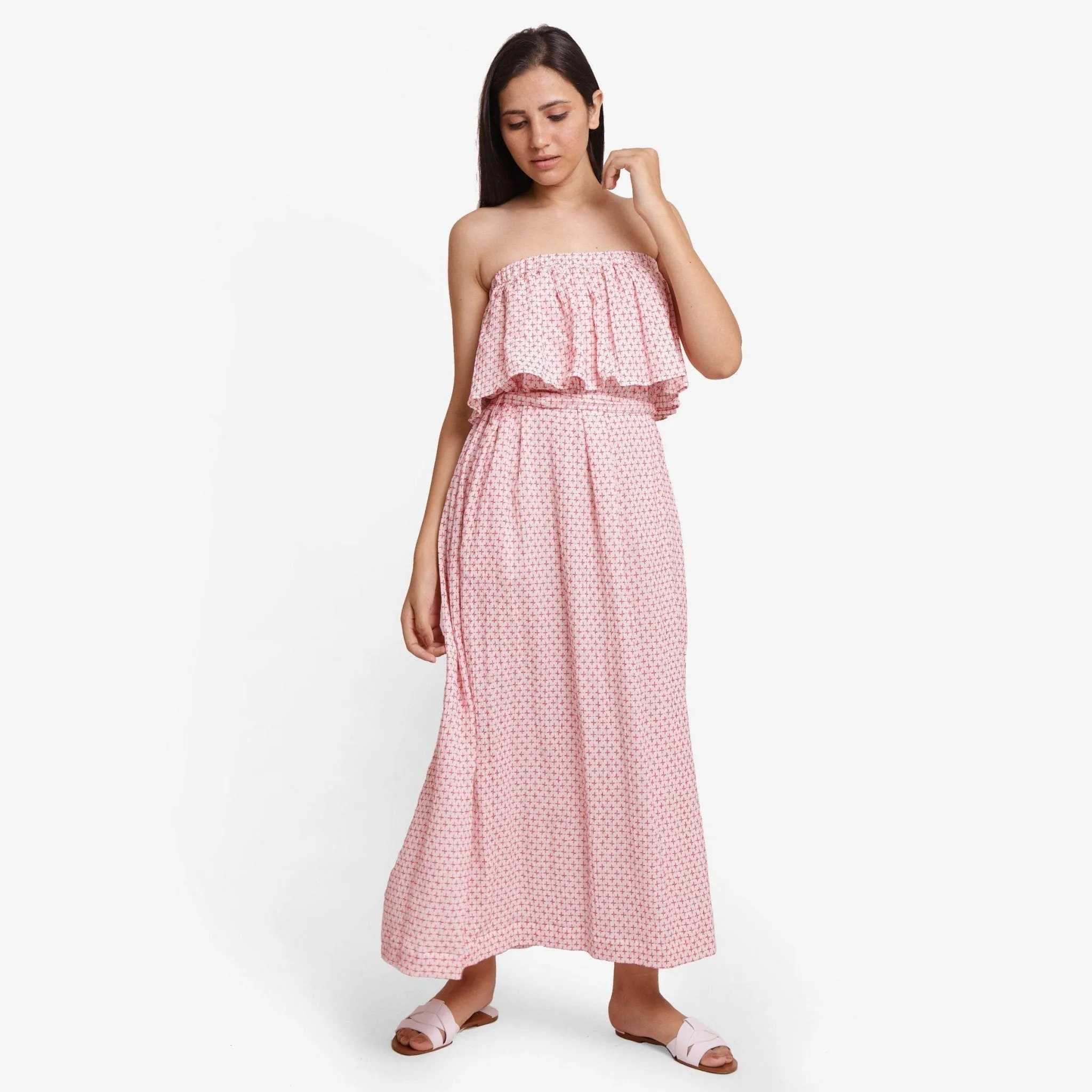 Red Crinkled Cotton Tube Neck Maxi Gathered Dress