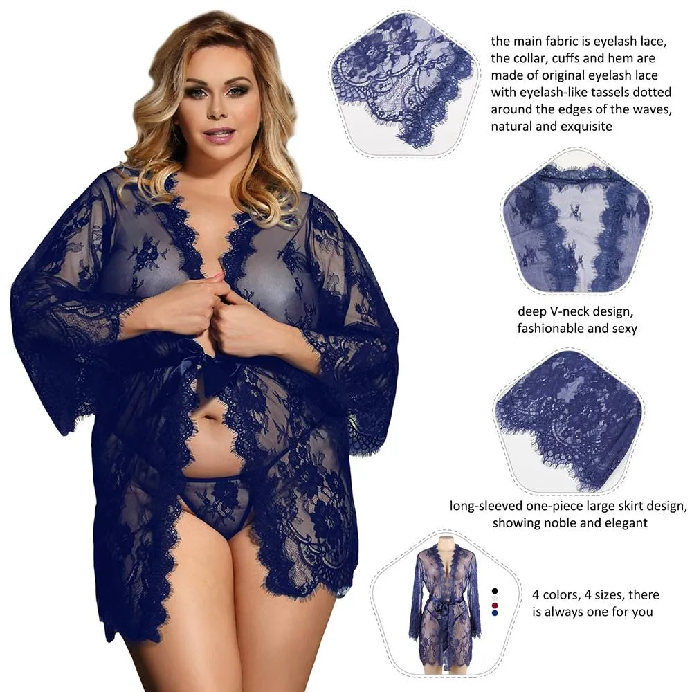 Sexy Long Sleeve Short Sleepwear with Thong Blue Plus Size