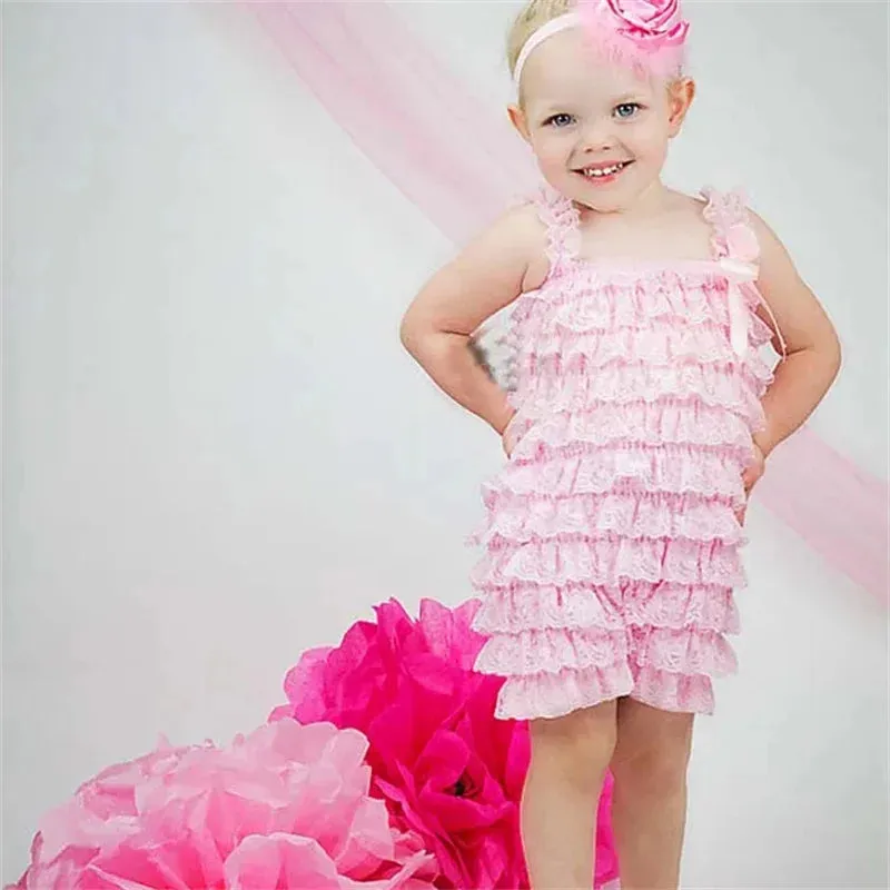 Solid Color Ruffle Tied Sleeveless Lace Rompers