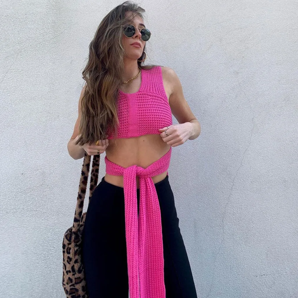 Tie Strap Cropped Knit Modern Tank Top - Emerald Green
