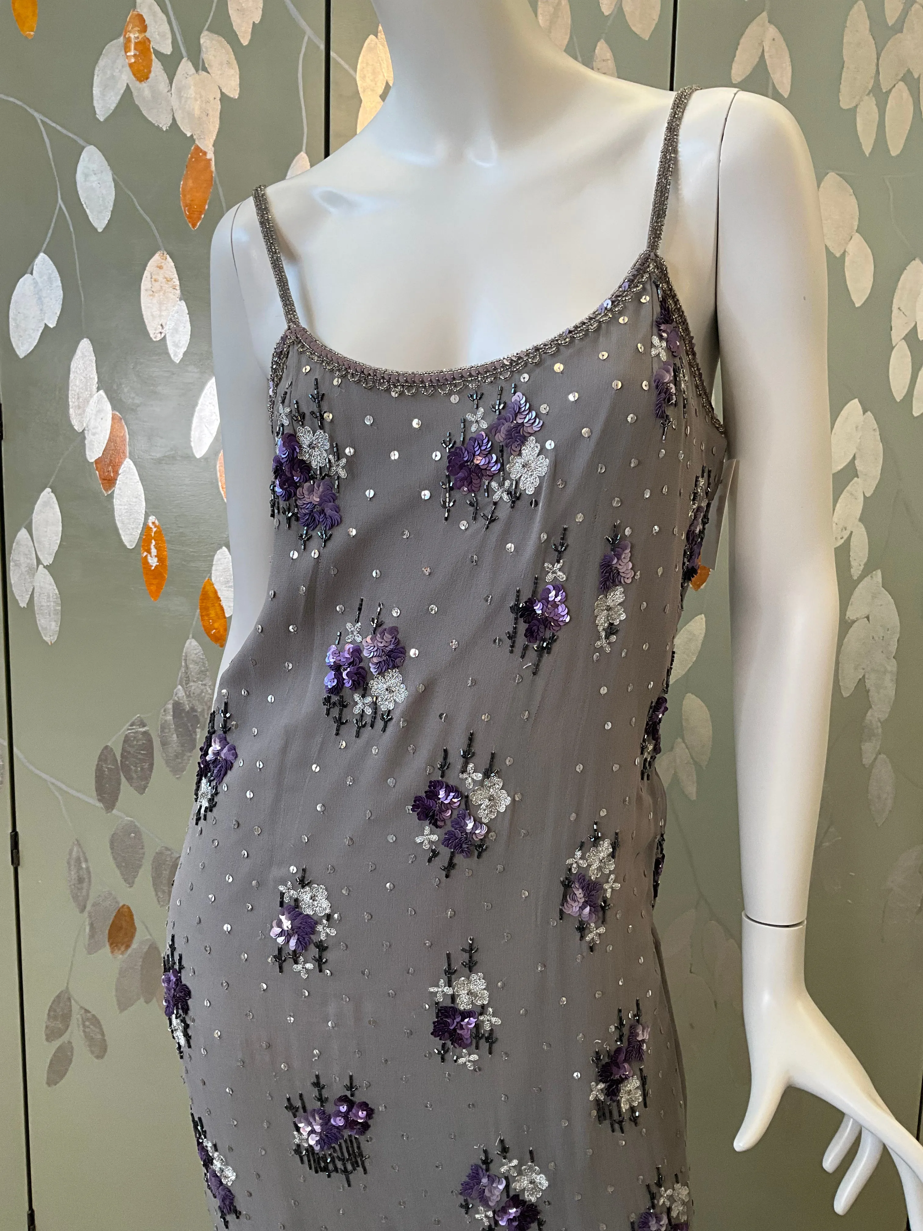 Vintage 1990s Grey Silk Sequinned Evening Dress, Small