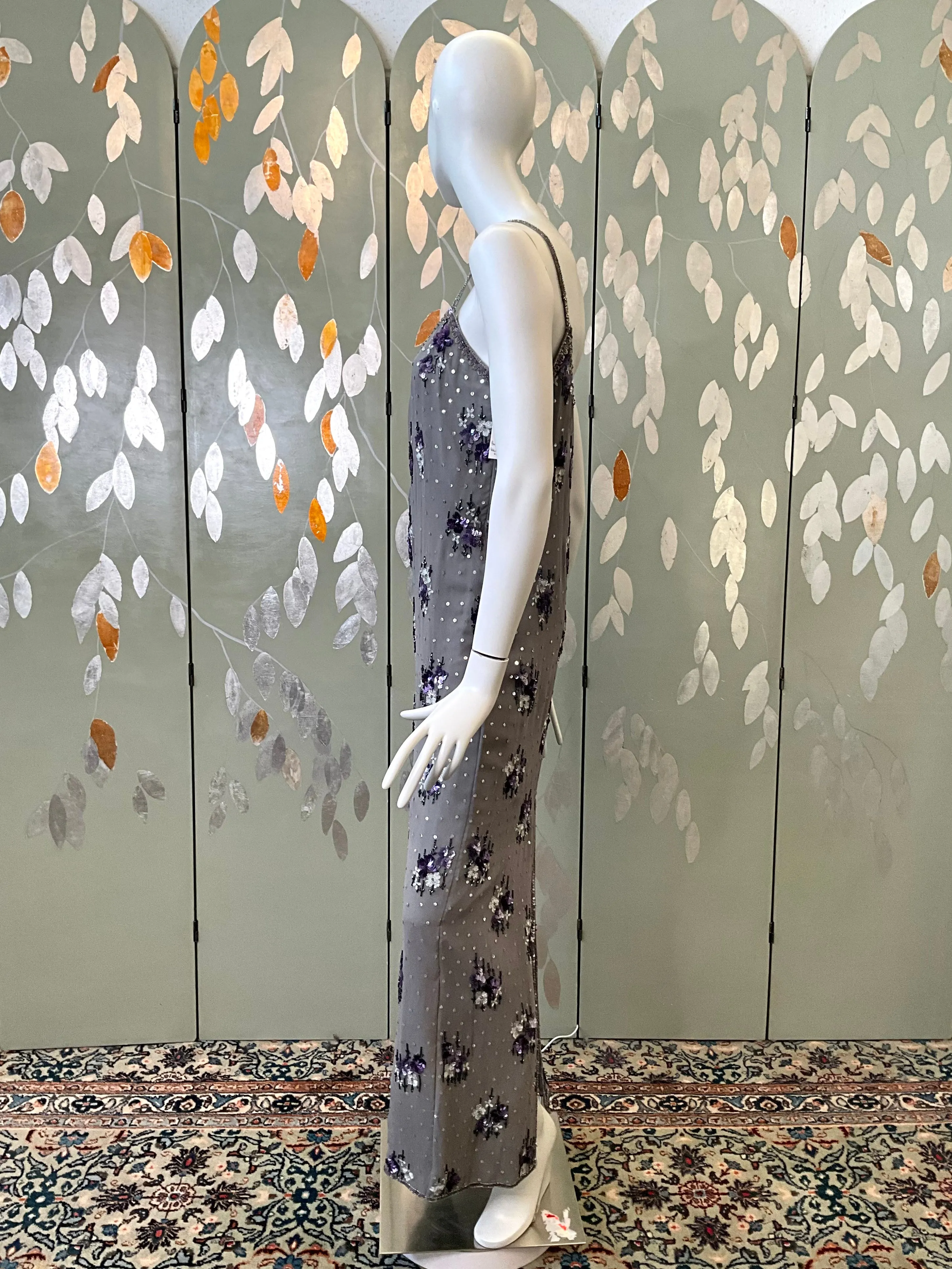 Vintage 1990s Grey Silk Sequinned Evening Dress, Small