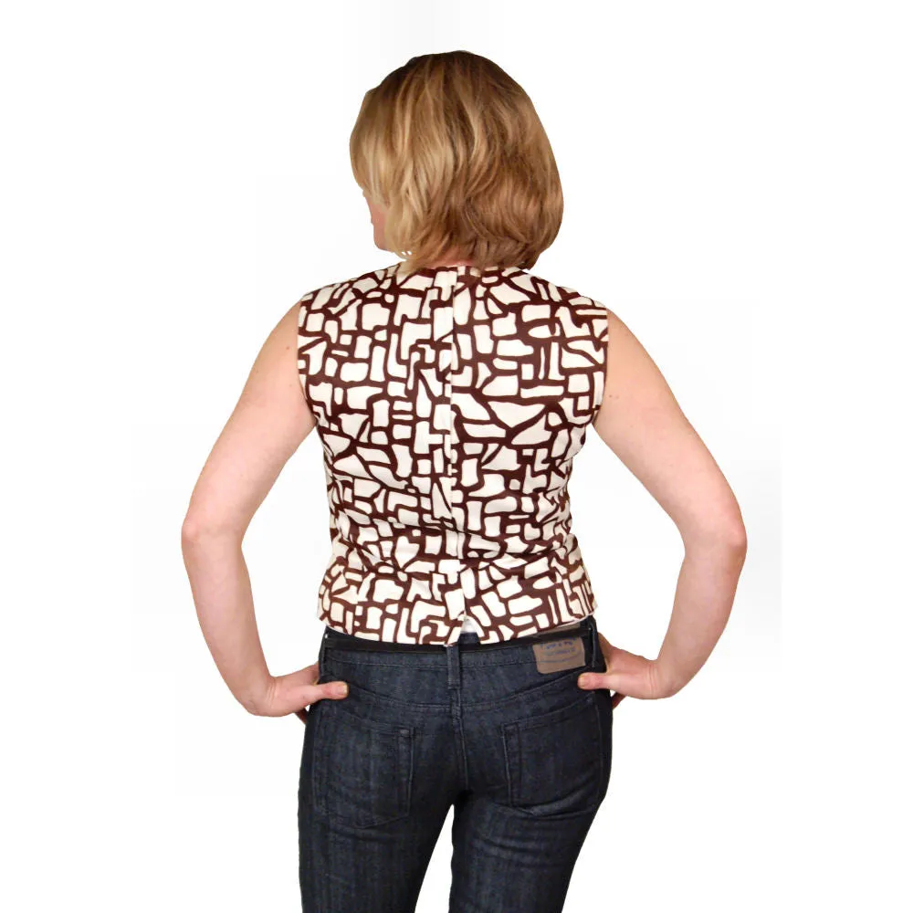 Vintage Blouse  Brown & White Abstract Sleeveless 1950S 38 Bust