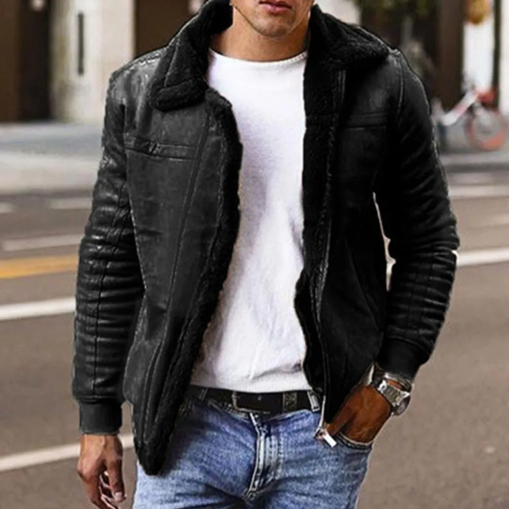 Voguable Hot Sale Jacket Men Fashion Casual Loose Autumn Winter Men Turn Down Collar Long Sleeve Suede Warm Coat Motorcycle Jacket
