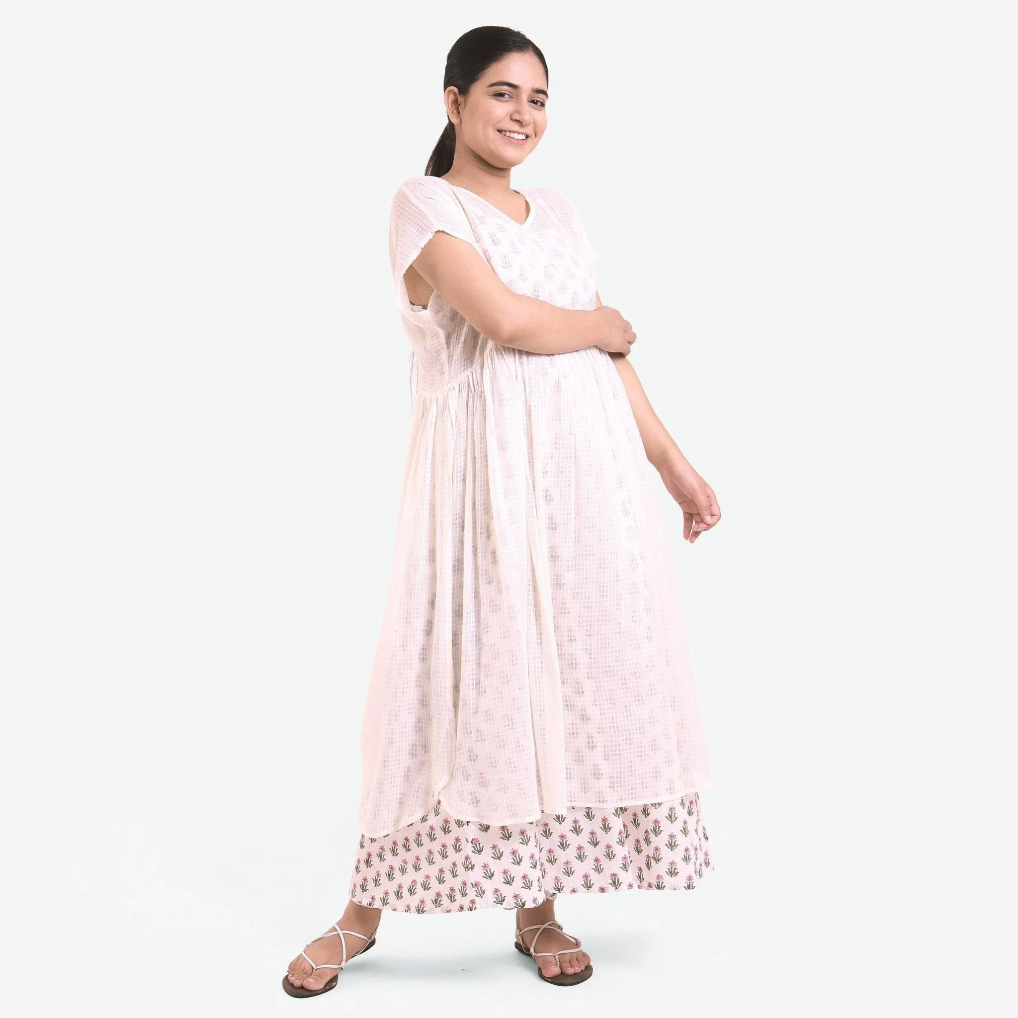 White Checks Hand Beaded Cotton Maxi Gathered Dress
